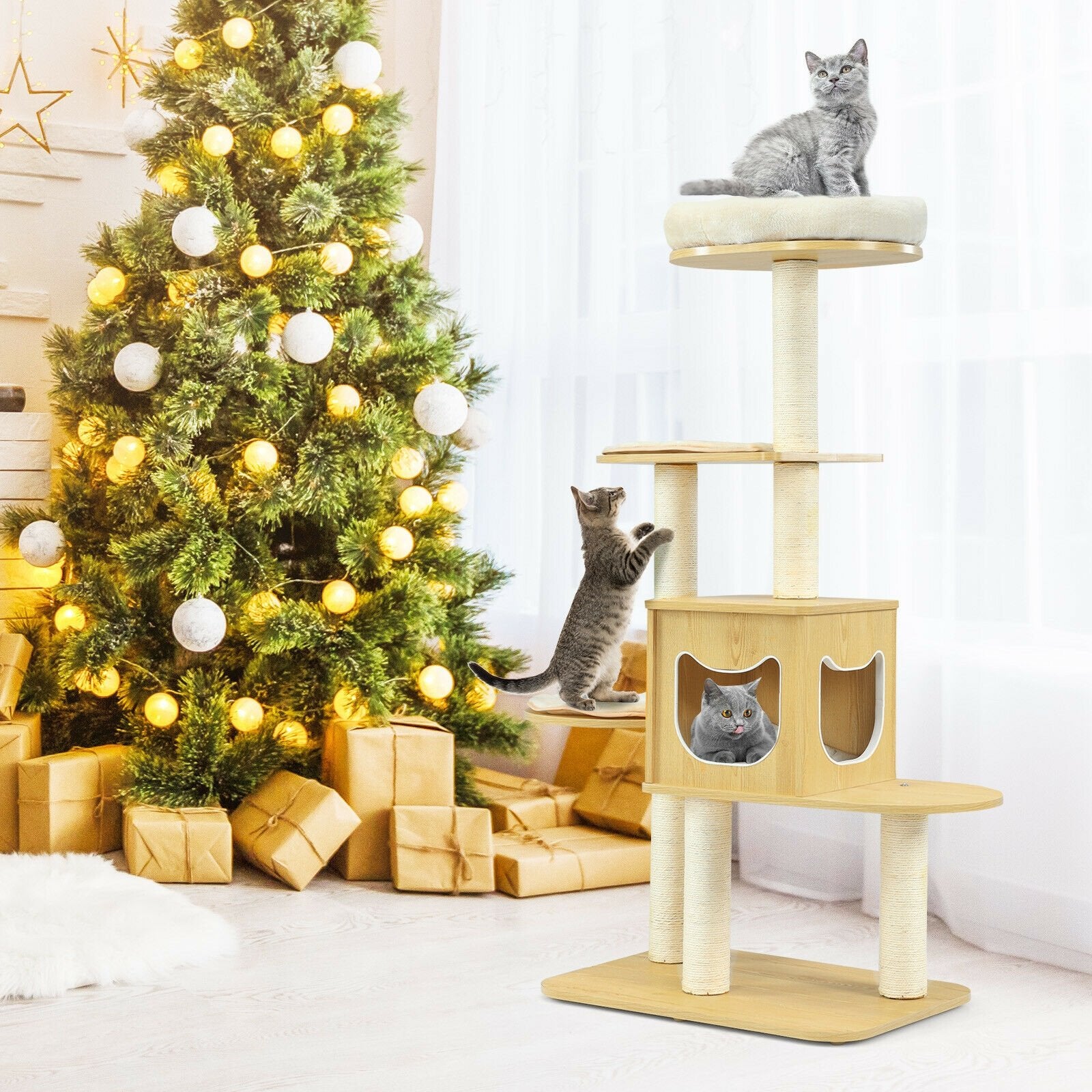 4 Levels Modern Wood Cat Tower with Washable Mats, Walnut Cat Trees Condos & Scratchers   at Gallery Canada