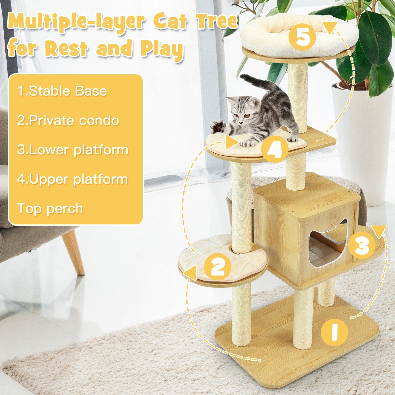 4 Levels Modern Wood Cat Tower with Washable Mats, Walnut Cat Trees Condos & Scratchers   at Gallery Canada