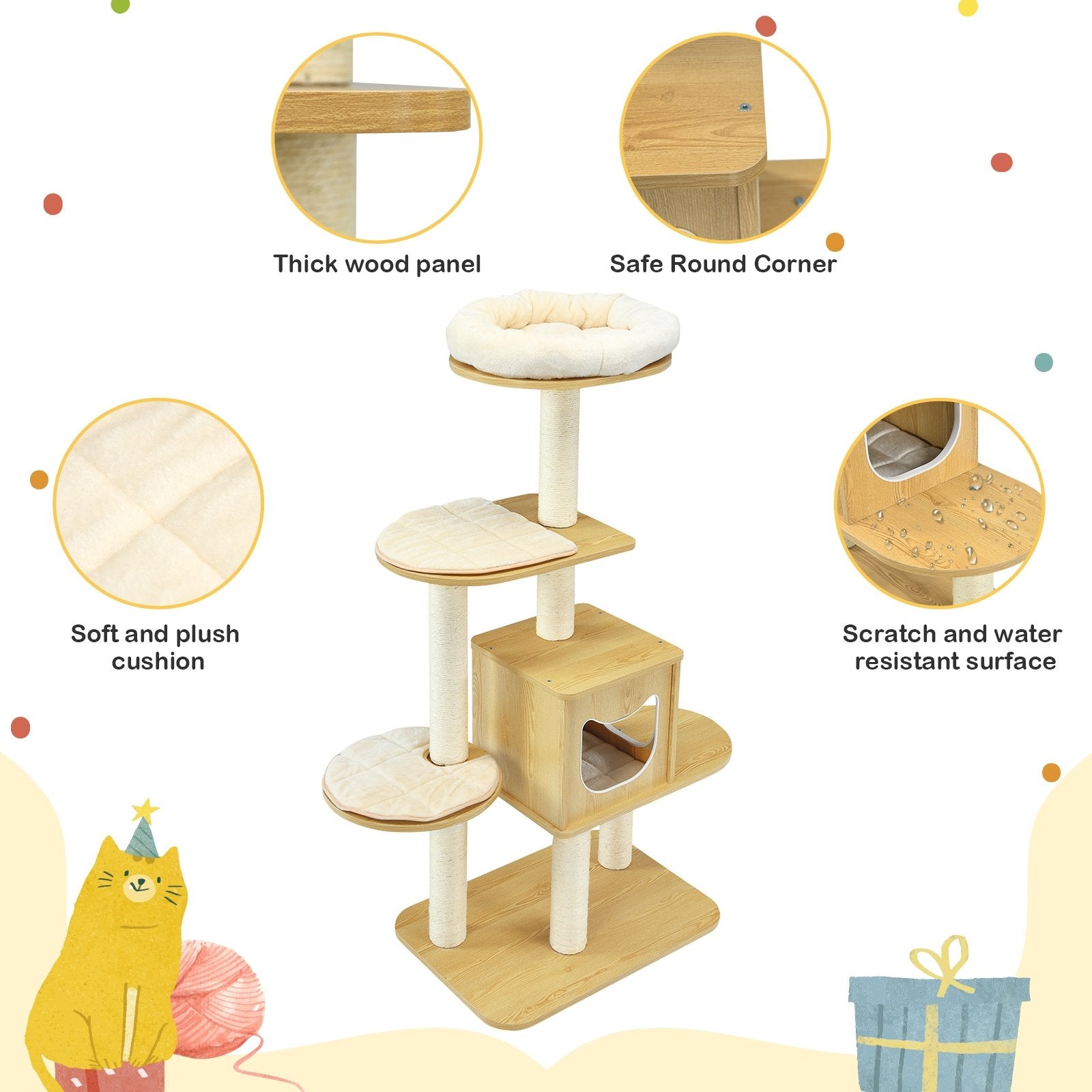 4 Levels Modern Wood Cat Tower with Washable Mats, Walnut Cat Trees Condos & Scratchers   at Gallery Canada