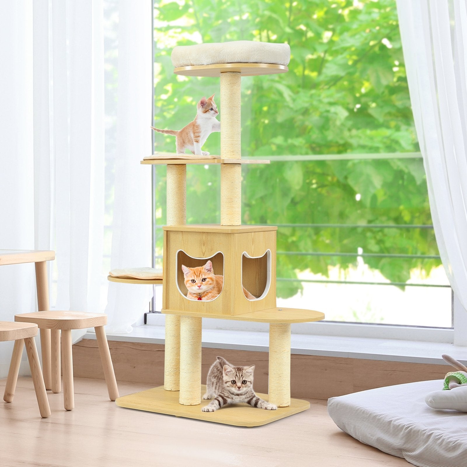 4 Levels Modern Wood Cat Tower with Washable Mats, Walnut Cat Trees Condos & Scratchers   at Gallery Canada