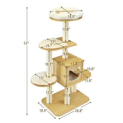 4 Levels Modern Wood Cat Tower with Washable Mats, Walnut Cat Trees Condos & Scratchers   at Gallery Canada