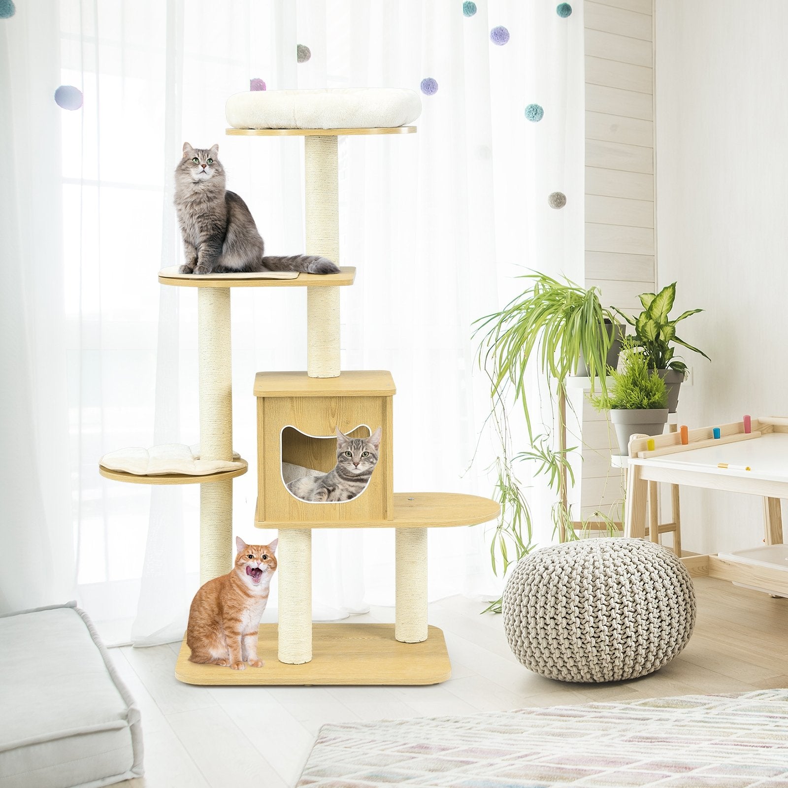 4 Levels Modern Wood Cat Tower with Washable Mats, Walnut Cat Trees Condos & Scratchers   at Gallery Canada