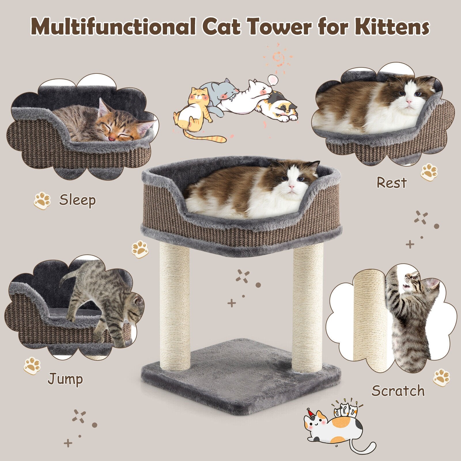 Multi-Level Cat Climbing Tree with Scratching Posts and Large Plush Perch, Gray Cat Trees Condos & Scratchers   at Gallery Canada