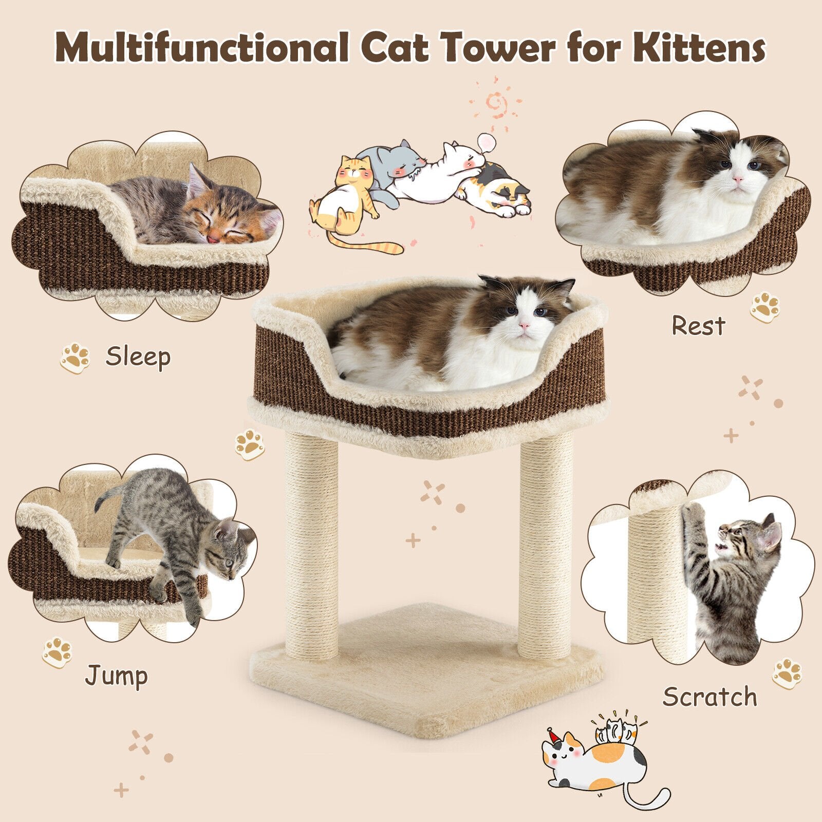 Multi-Level Cat Climbing Tree with Scratching Posts and Large Plush Perch, Beige - Gallery Canada