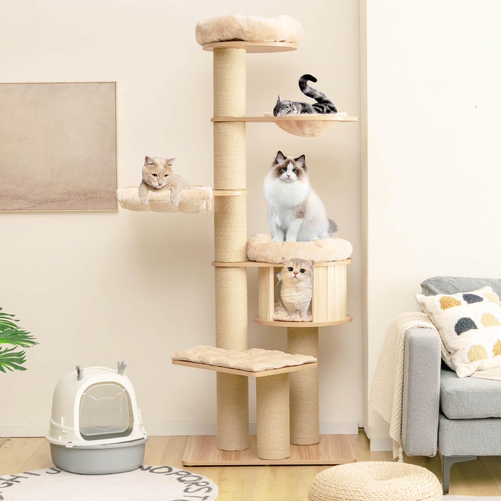 Modern Tall Cat Tree Tower with Scratch Posts and Washable Mats, Natural Cat Trees Condos & Scratchers   at Gallery Canada