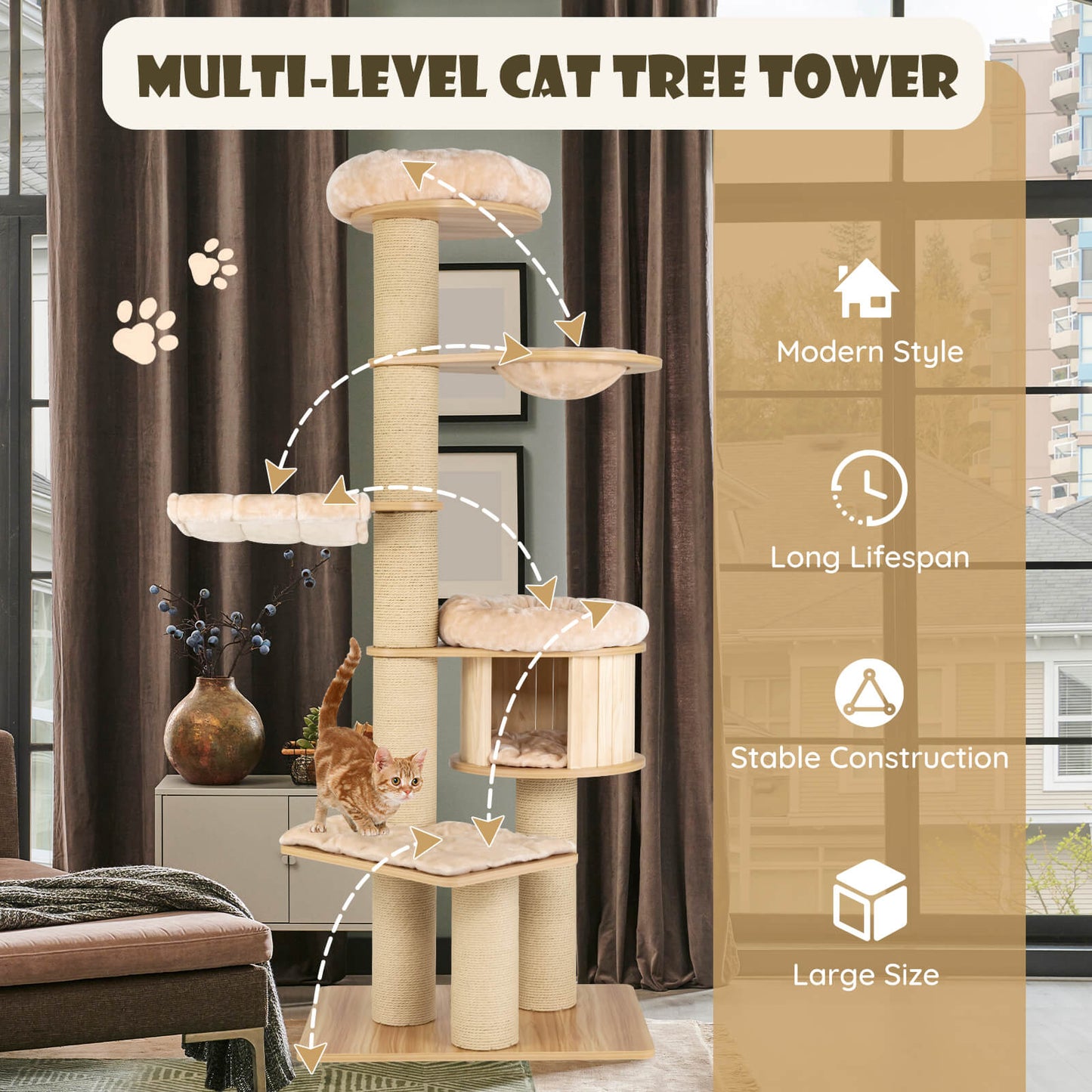 Modern Tall Cat Tree Tower with Scratch Posts and Washable Mats, Natural Cat Trees Condos & Scratchers   at Gallery Canada