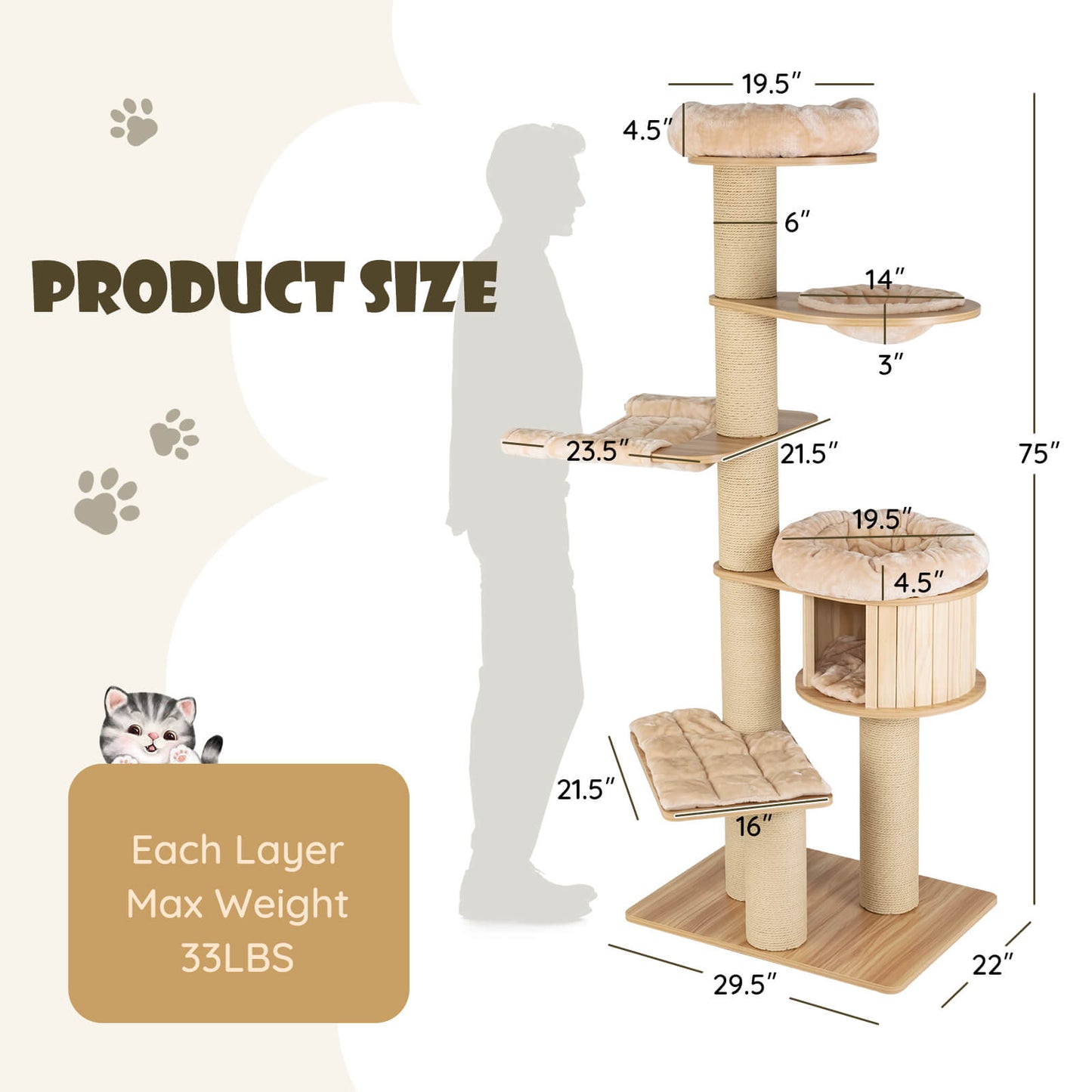 Modern Tall Cat Tree Tower with Scratch Posts and Washable Mats, Natural Cat Trees Condos & Scratchers   at Gallery Canada