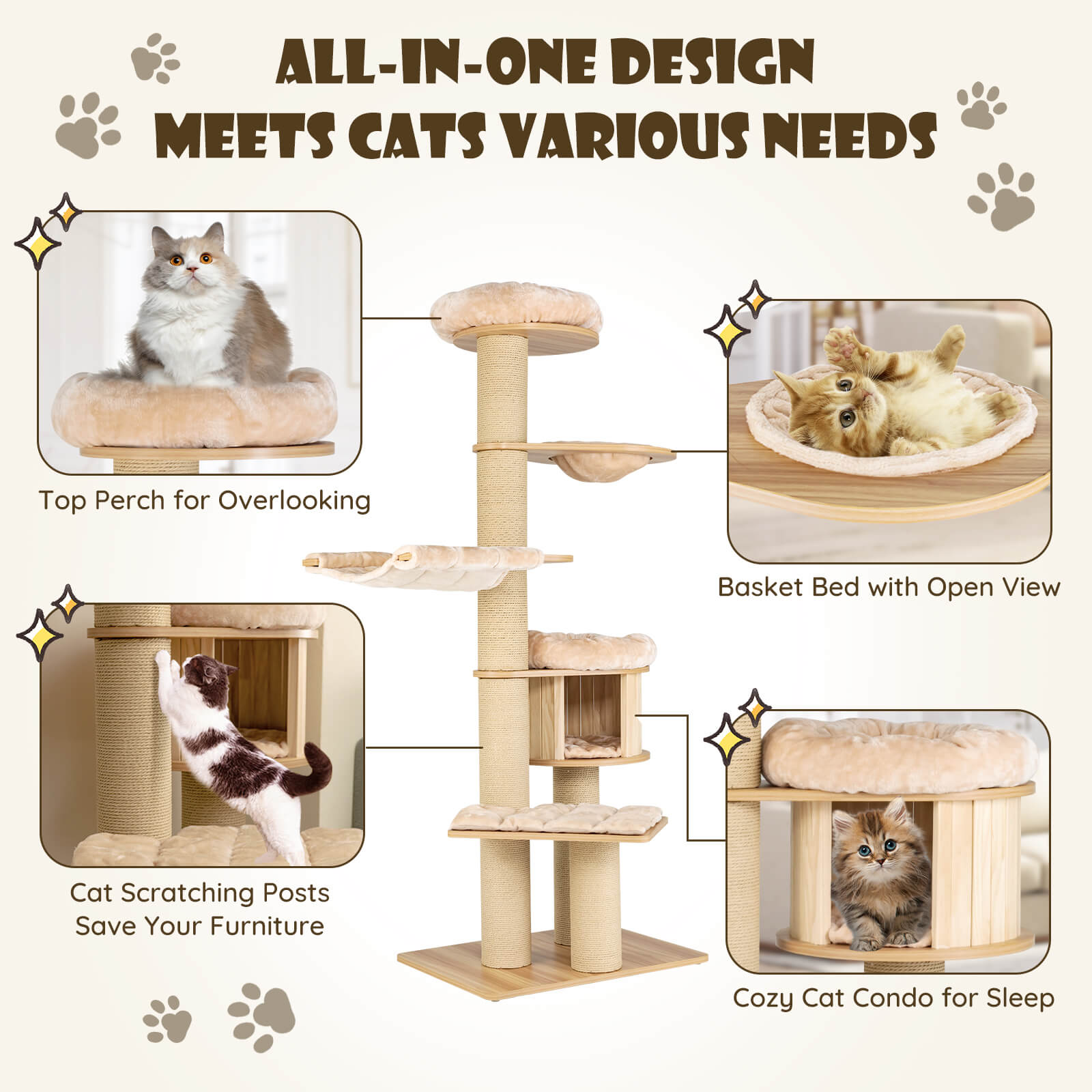 Modern Tall Cat Tree Tower with Scratch Posts and Washable Mats, Natural Cat Trees Condos & Scratchers   at Gallery Canada