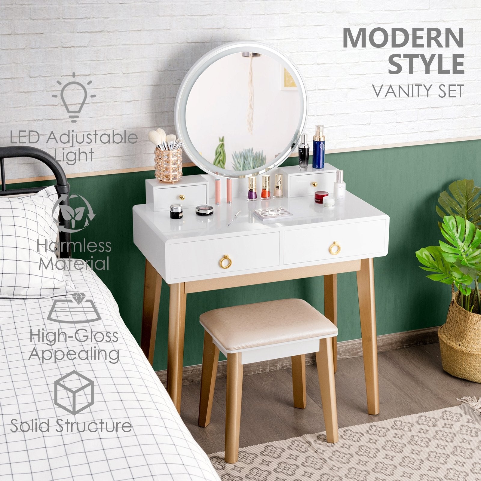 Set 3 Makeup Vanity Table Color Lighting Jewelry Divider Dressing Table, White Makeup Vanities   at Gallery Canada