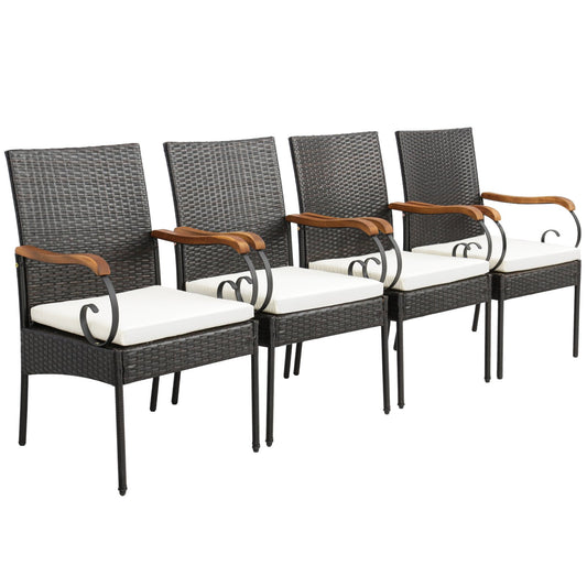 Set of 2/4 Outdoor PE Wicker Chair with Acacia Wood Armrests-Set of 4 - Gallery Canada