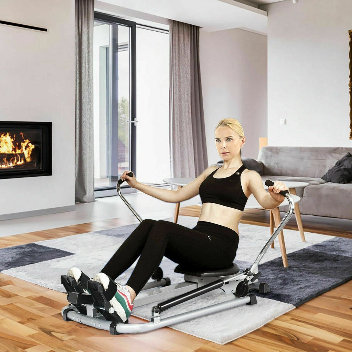 Exercise Adjustable Double Hydraulic Resistance Rowing Machine, Black Rowing Machines   at Gallery Canada