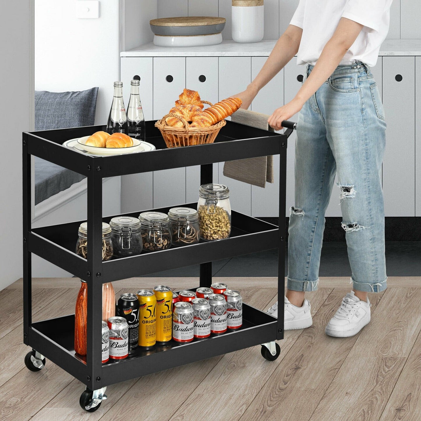 3-Tier Utility Cart Metal Mental Storage Service Trolley, Black Kitchen Islands & Carts   at Gallery Canada