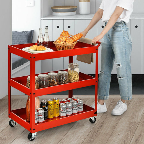 3-Tier Utility Cart Metal Mental Storage Service Trolley, Red