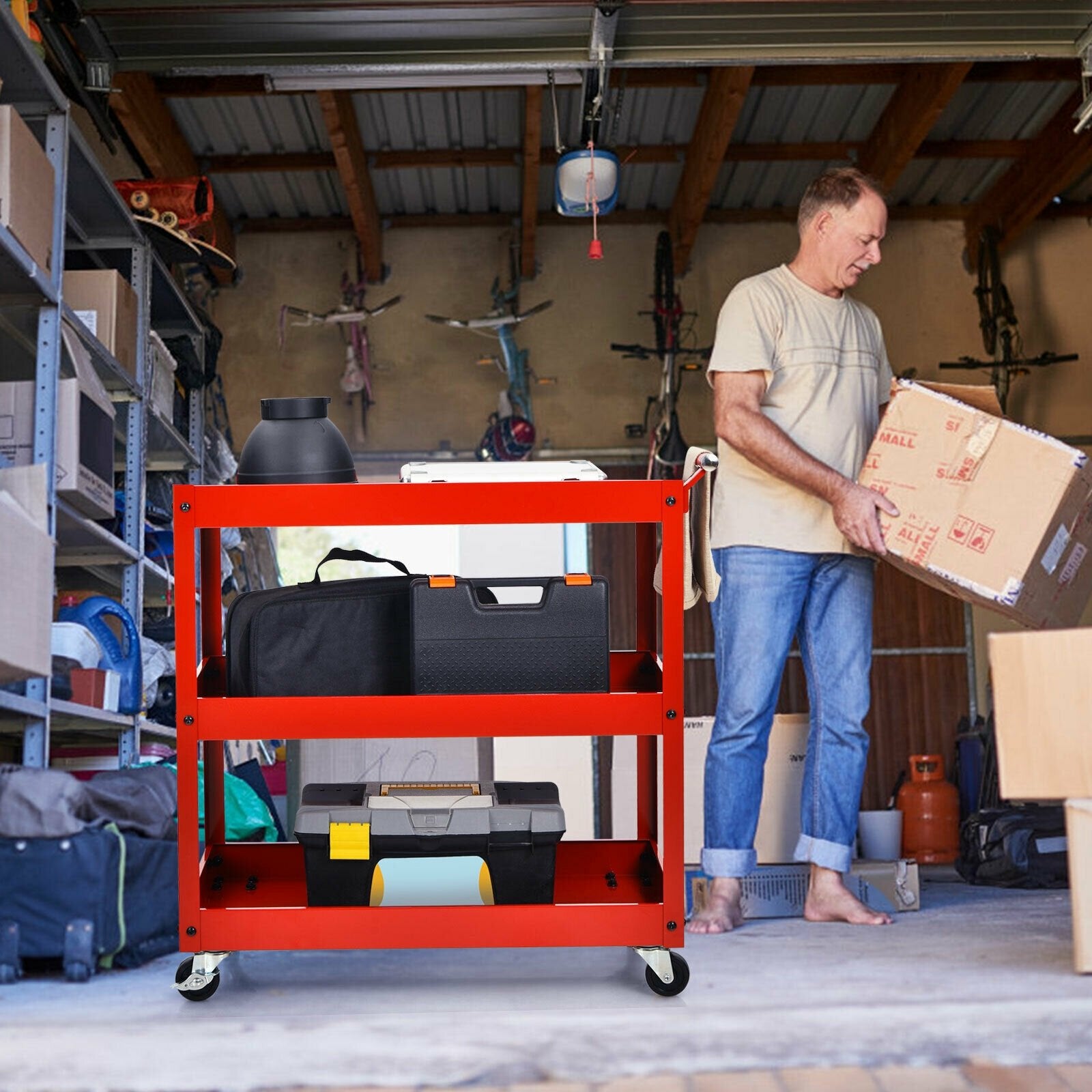 3-Tier Utility Cart Metal Mental Storage Service Trolley, Red Kitchen Islands & Carts   at Gallery Canada