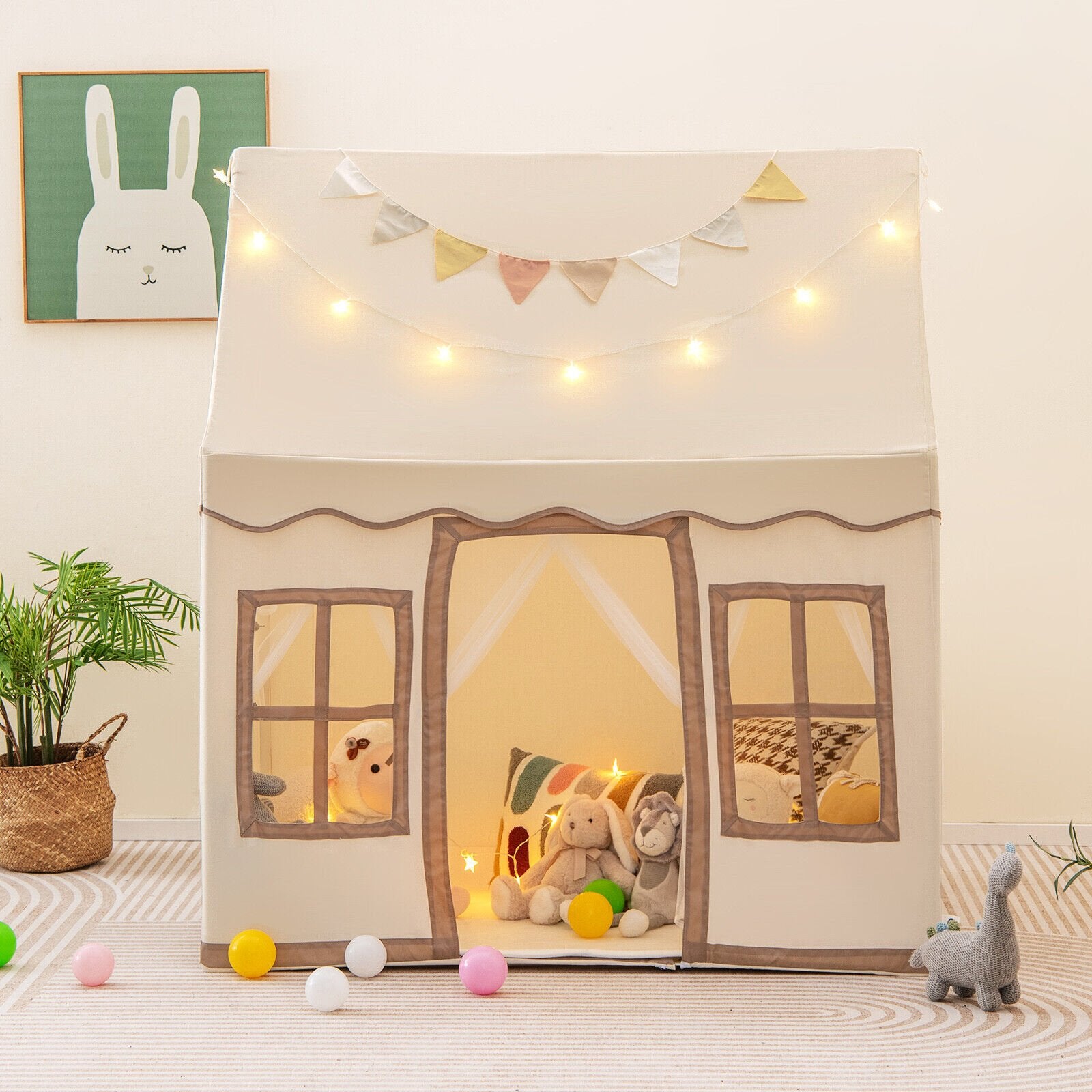 Toddler Large Playhouse with Star String Lights, Brown - Gallery Canada