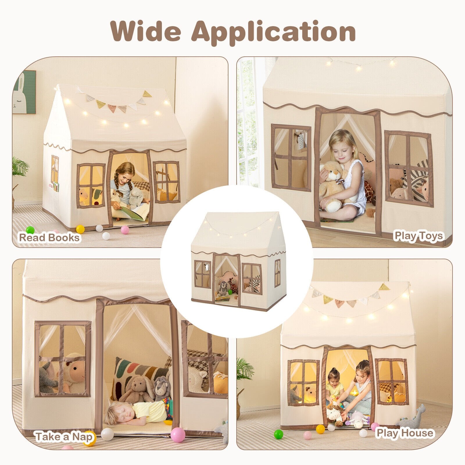 Toddler Large Playhouse with Star String Lights, Brown Play Tents & Playhouse   at Gallery Canada