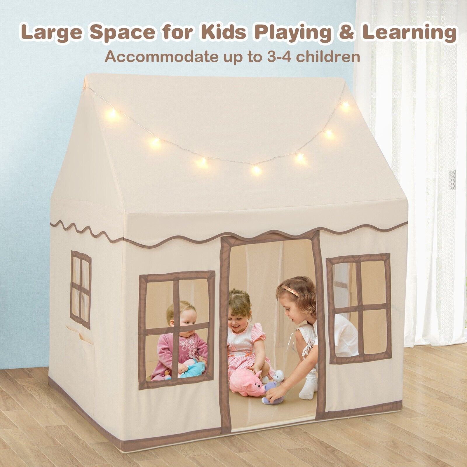 Toddler Large Playhouse with Star String Lights, Brown Play Tents & Playhouse   at Gallery Canada