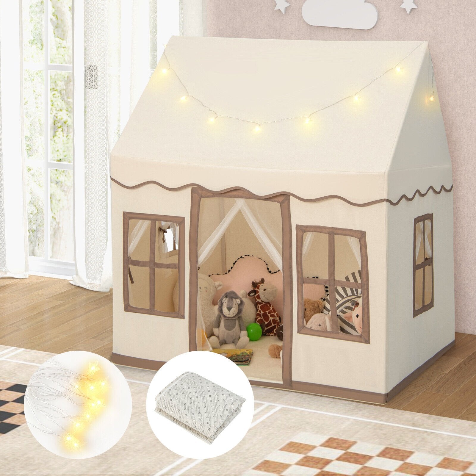 Toddler Large Playhouse with Star String Lights, Brown Play Tents & Playhouse   at Gallery Canada