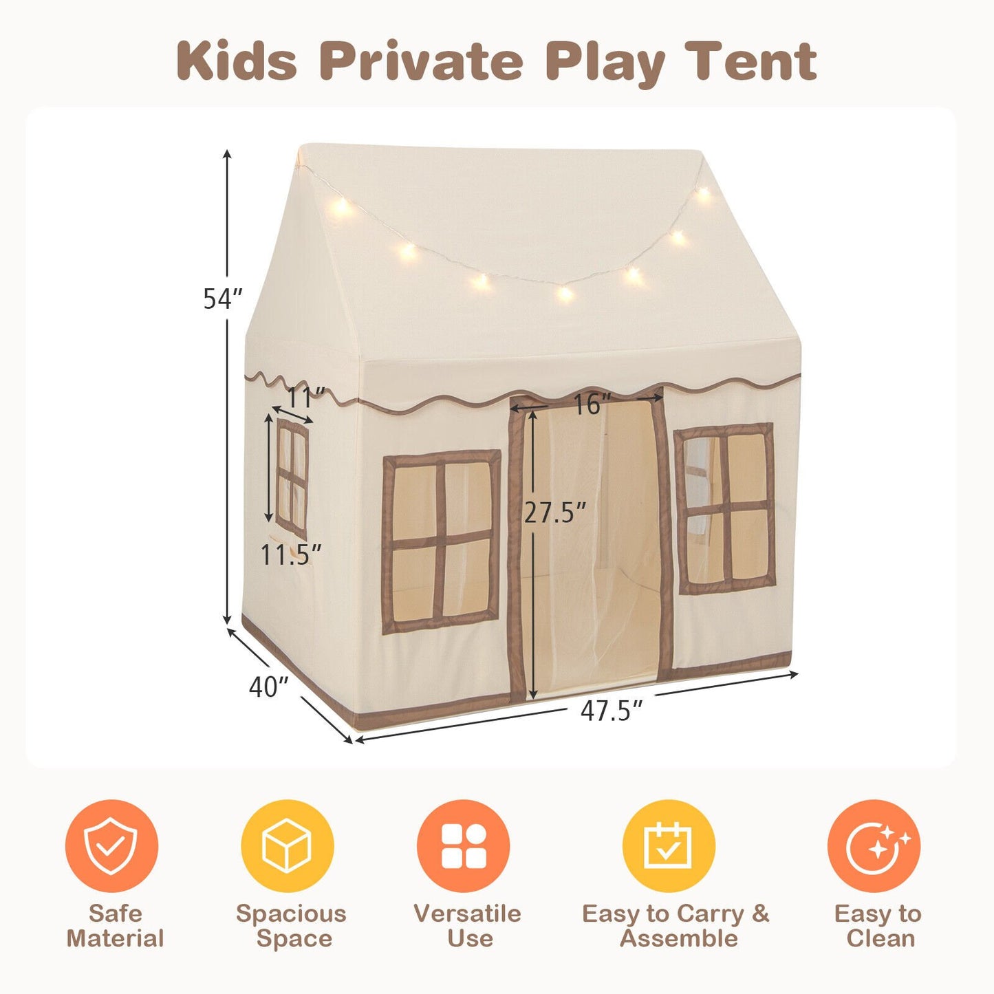 Toddler Large Playhouse with Star String Lights, Brown - Gallery Canada