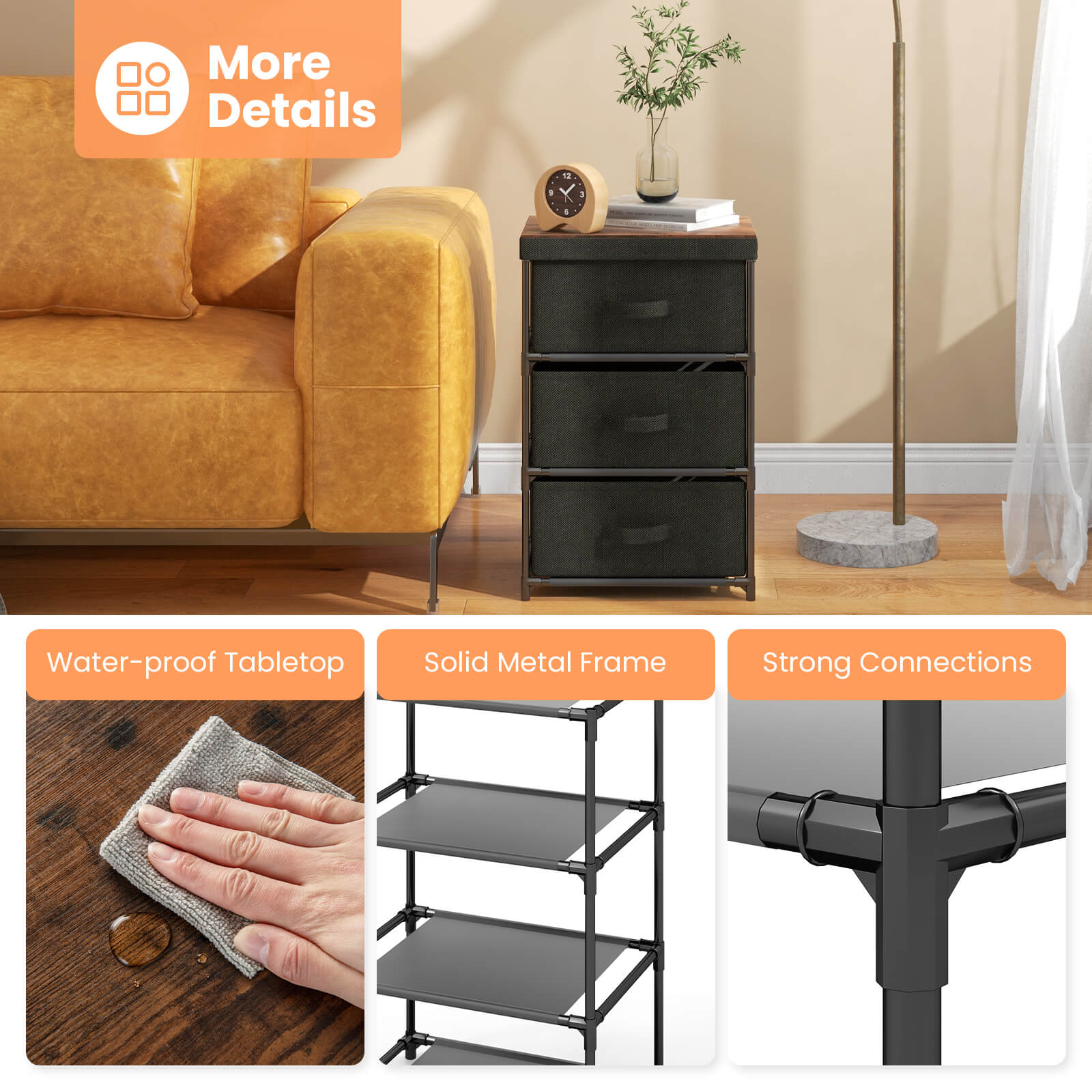 3-Tier Fabric Nightstand with Sturdy Metal Frame, Black Nightstands   at Gallery Canada