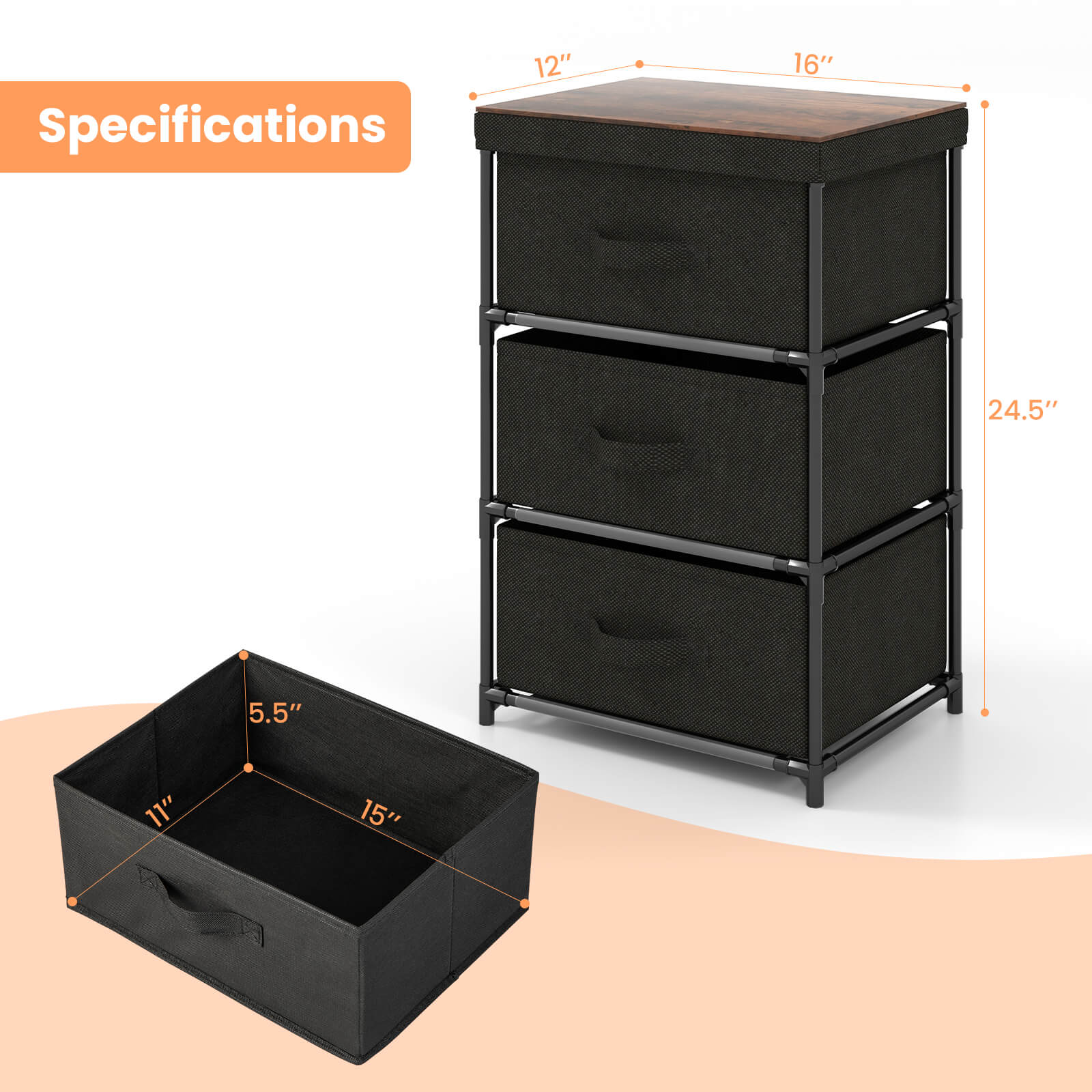 3-Tier Fabric Nightstand with Sturdy Metal Frame, Black Nightstands at Gallery Canada