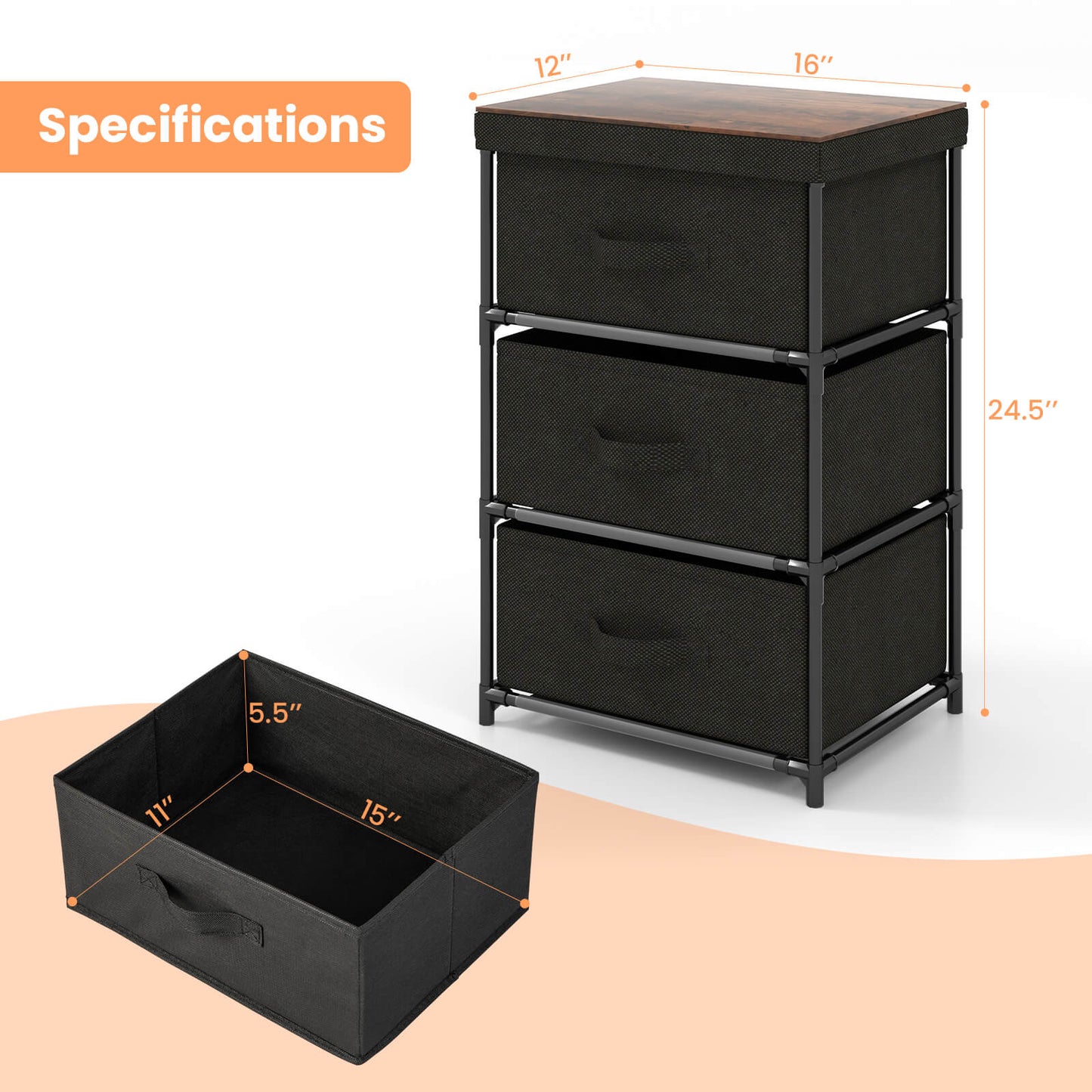 3-Tier Fabric Nightstand with Sturdy Metal Frame, Black Nightstands   at Gallery Canada