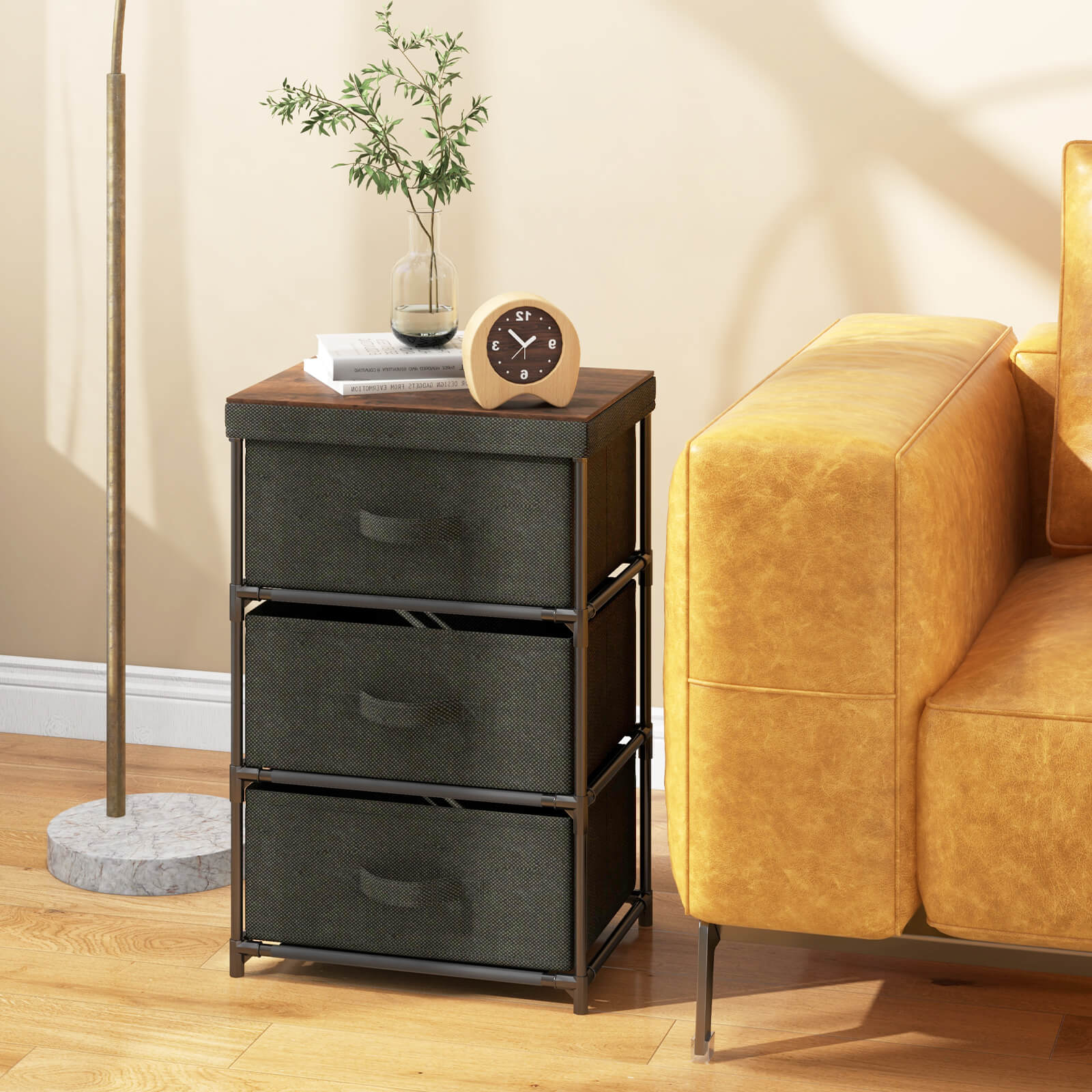 3-Tier Fabric Nightstand with Sturdy Metal Frame, Black Nightstands   at Gallery Canada