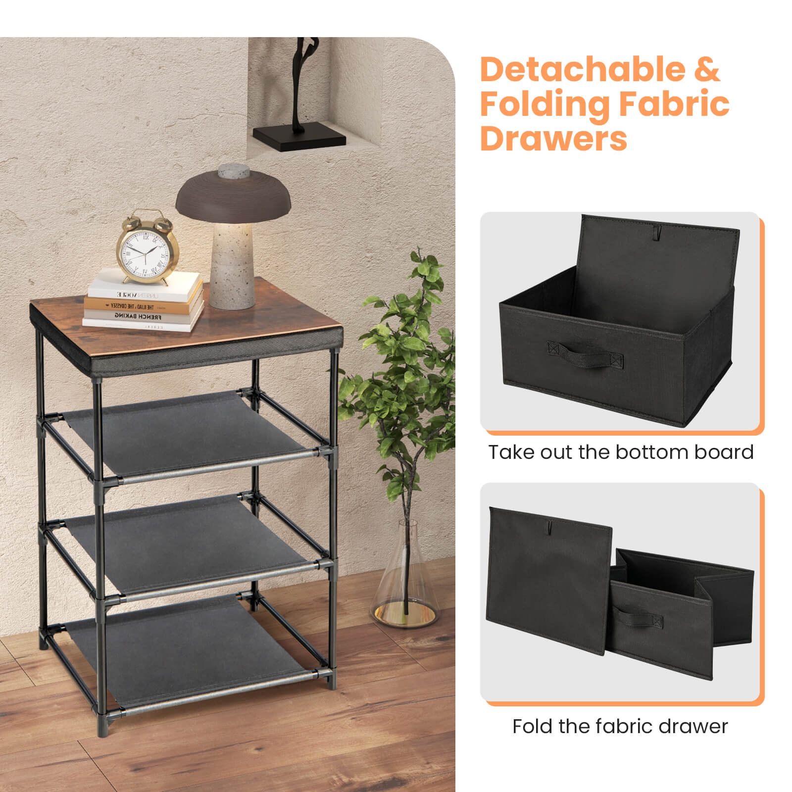3-Tier Fabric Nightstand with Sturdy Metal Frame, Black Nightstands at Gallery Canada
