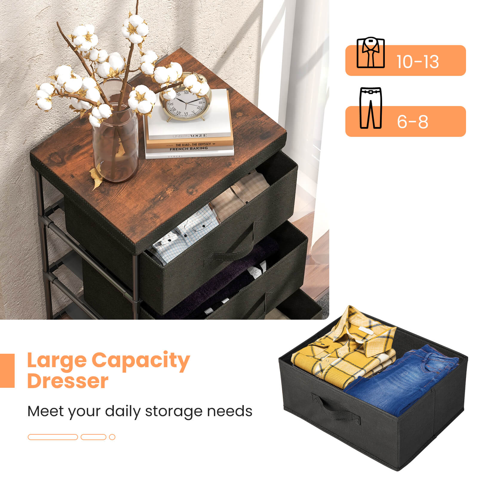 3-Tier Fabric Nightstand with Sturdy Metal Frame, Black Nightstands at Gallery Canada
