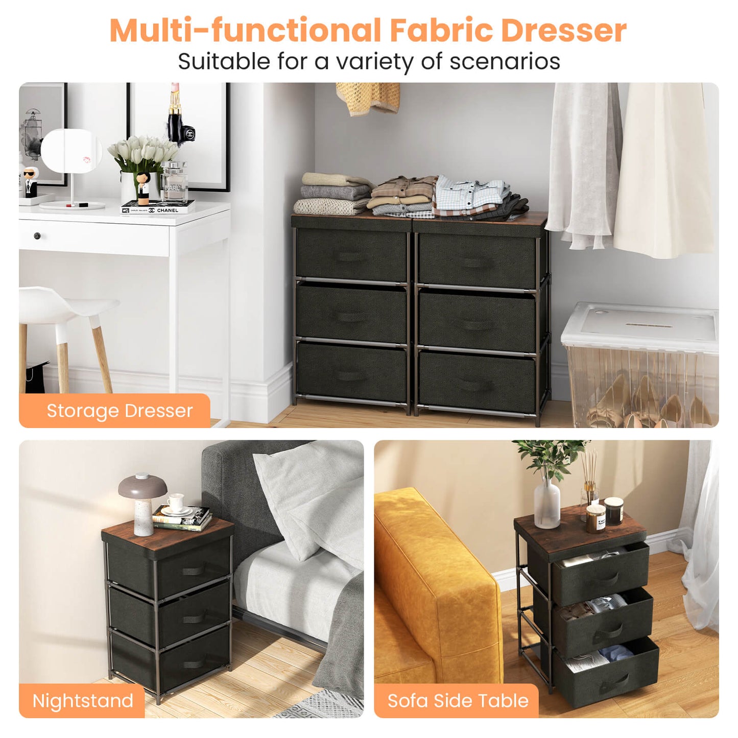 3-Tier Fabric Nightstand with Sturdy Metal Frame, Black Nightstands   at Gallery Canada