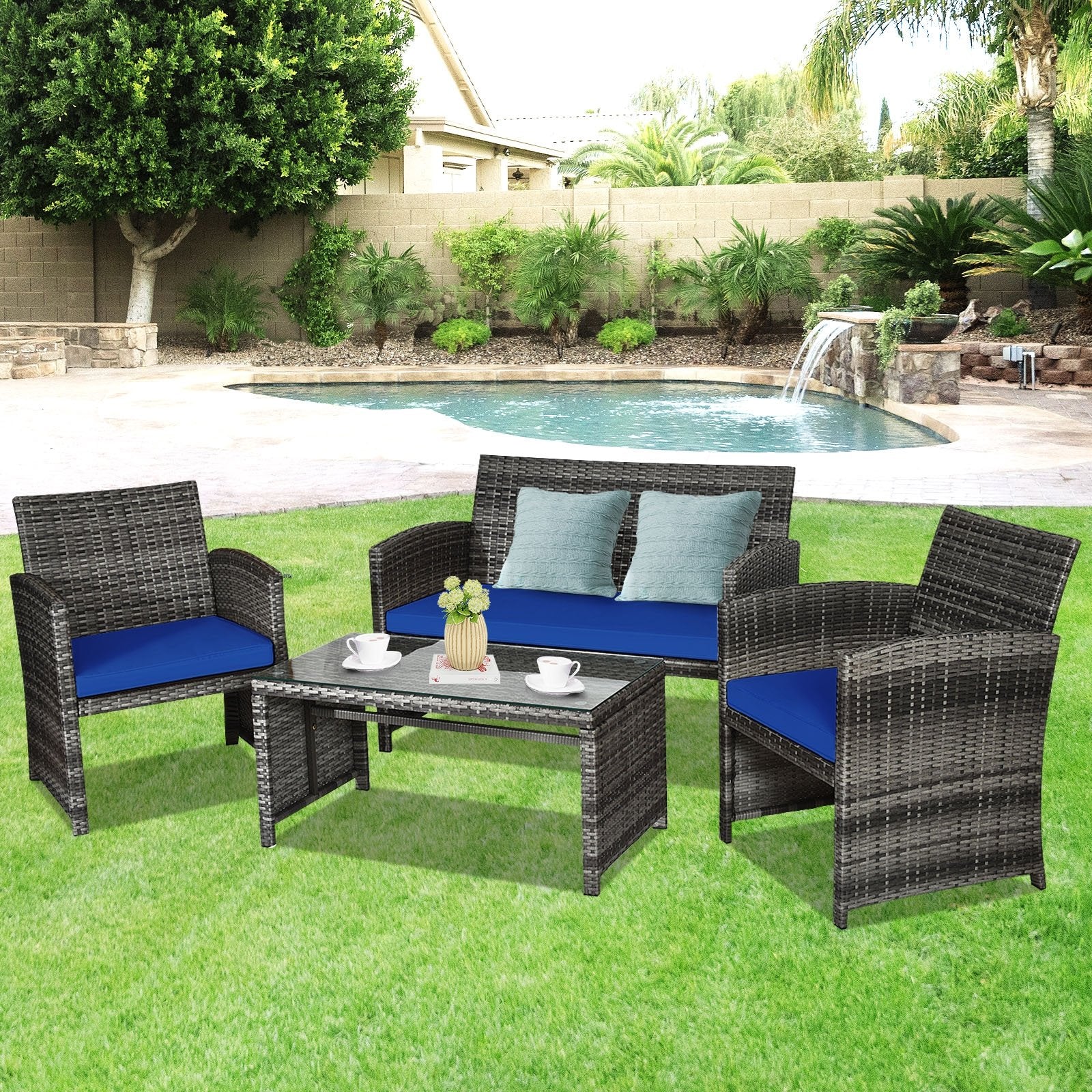 4 Pieces Patio Rattan Furniture Set with Glass Table and Loveseat, Navy Patio Conversation Sets   at Gallery Canada