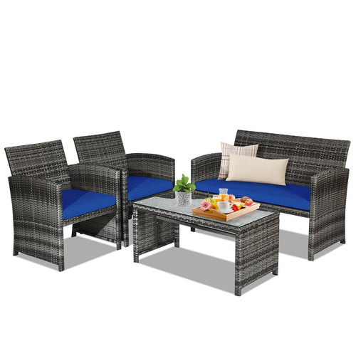 4 Pieces Patio Rattan Furniture Set with Glass Table and Loveseat, Navy
