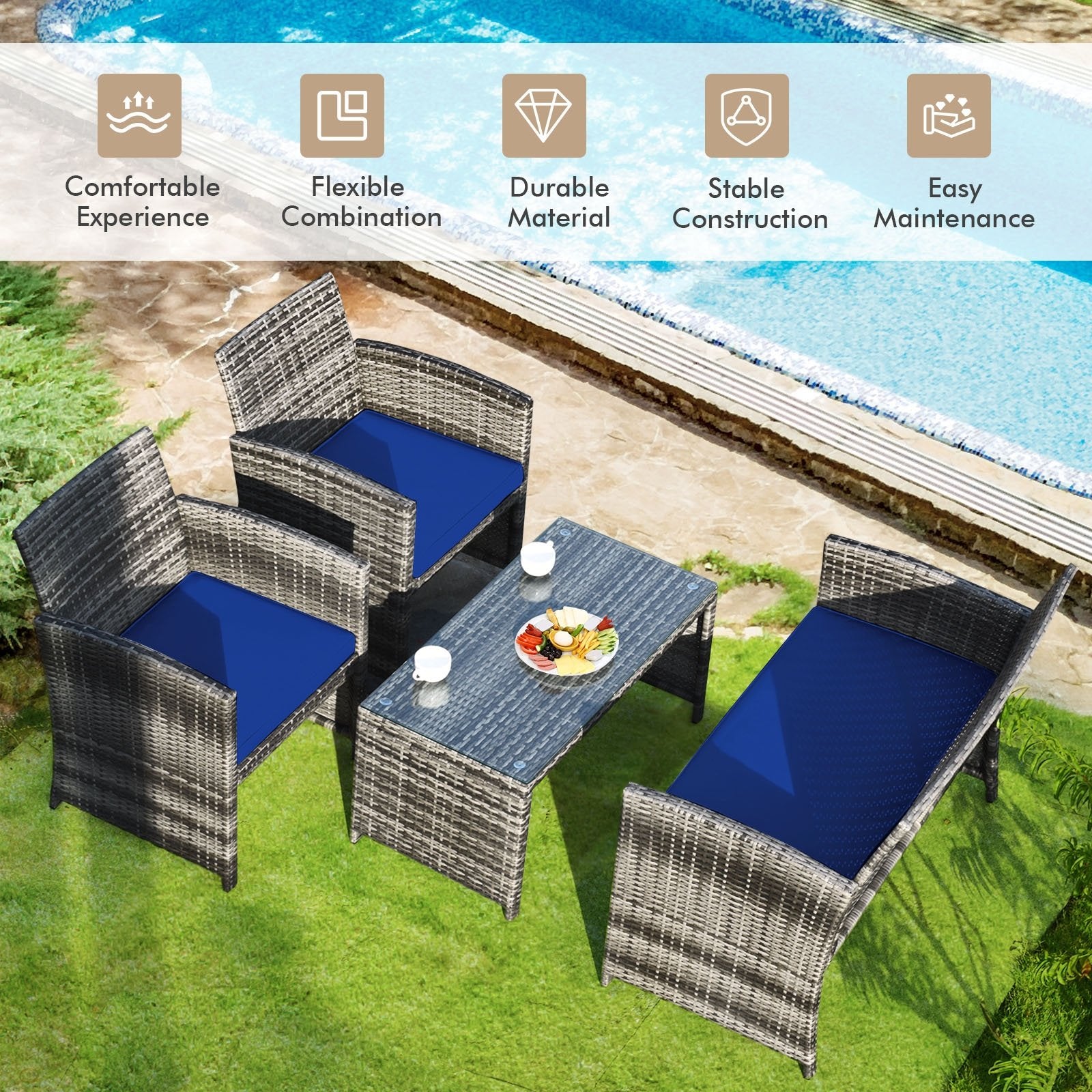 4 Pieces Patio Rattan Furniture Set with Glass Table and Loveseat, Navy Patio Conversation Sets   at Gallery Canada