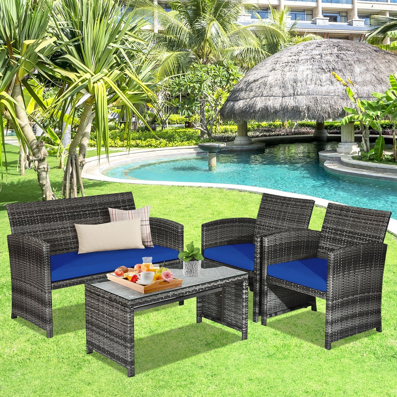 4 Pieces Patio Rattan Furniture Set with Glass Table and Loveseat, Navy Patio Conversation Sets   at Gallery Canada