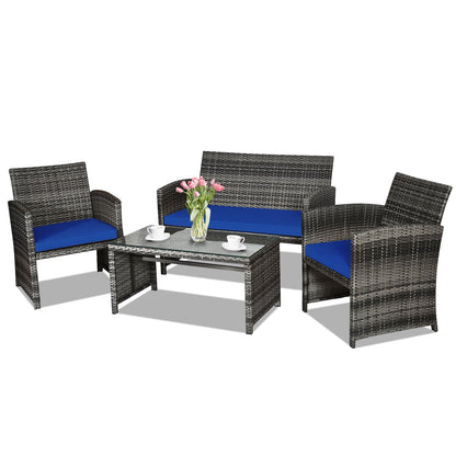 4 Pieces Patio Rattan Furniture Set with Glass Table and Loveseat, Navy Patio Conversation Sets   at Gallery Canada