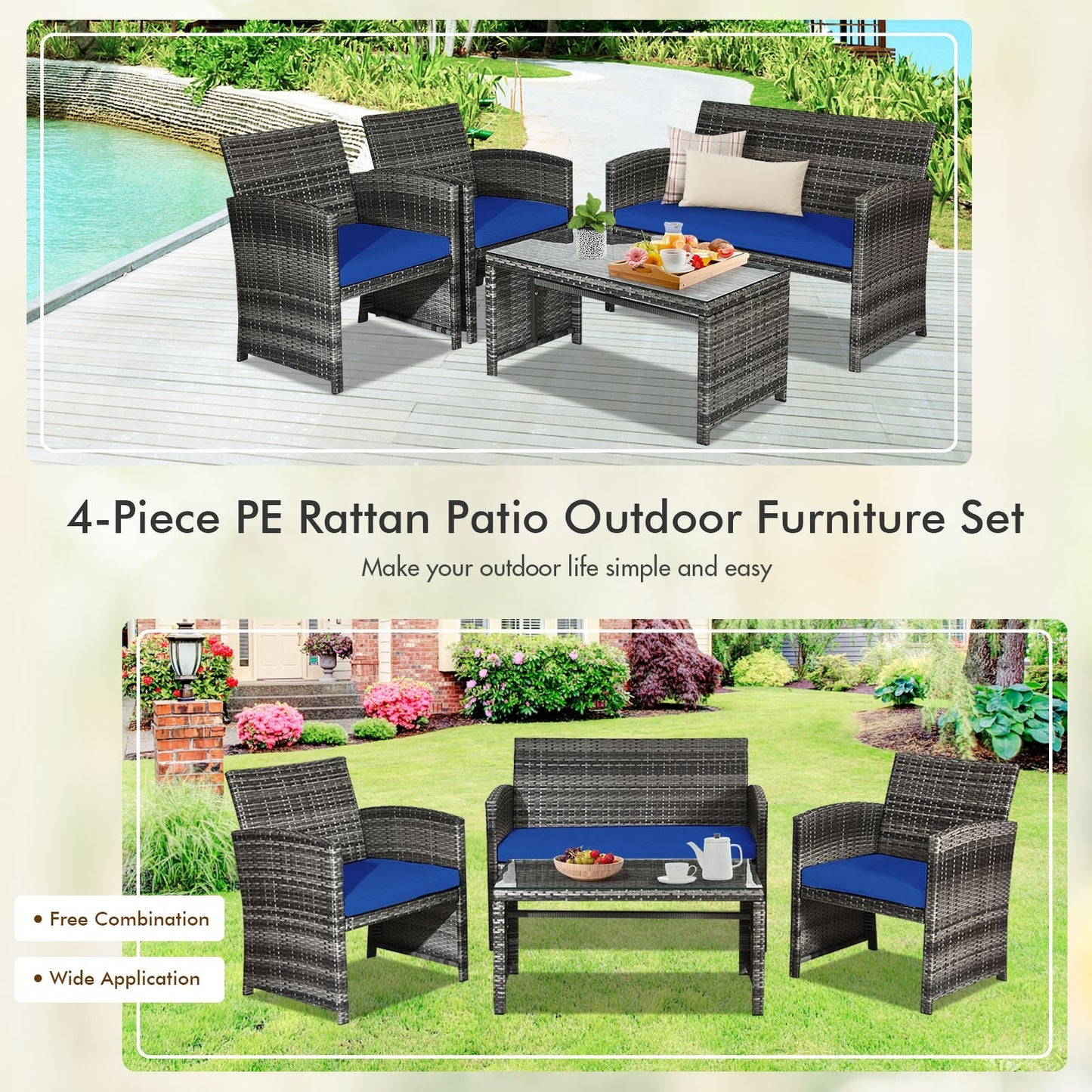 4 Pieces Patio Rattan Furniture Set with Glass Table and Loveseat, Navy Patio Conversation Sets   at Gallery Canada