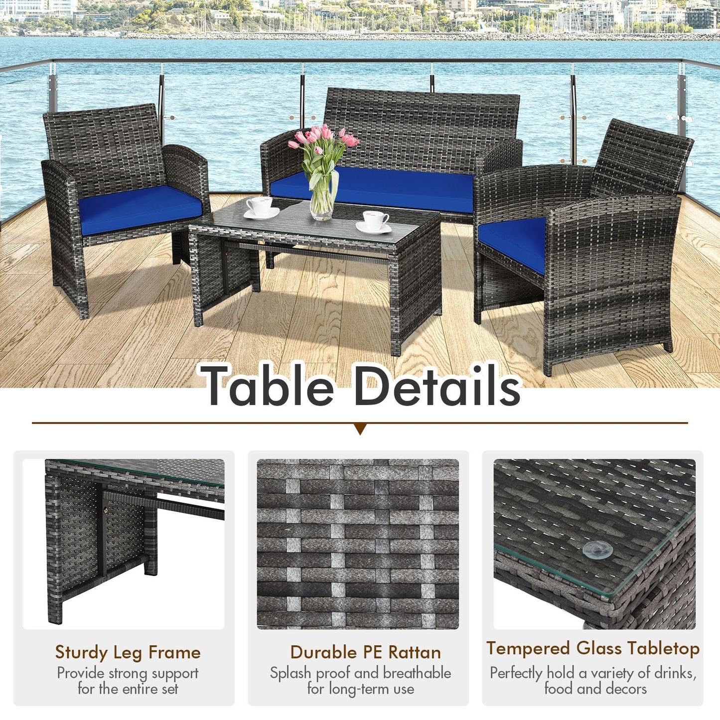 4 Pieces Patio Rattan Furniture Set with Glass Table and Loveseat, Navy Patio Conversation Sets   at Gallery Canada