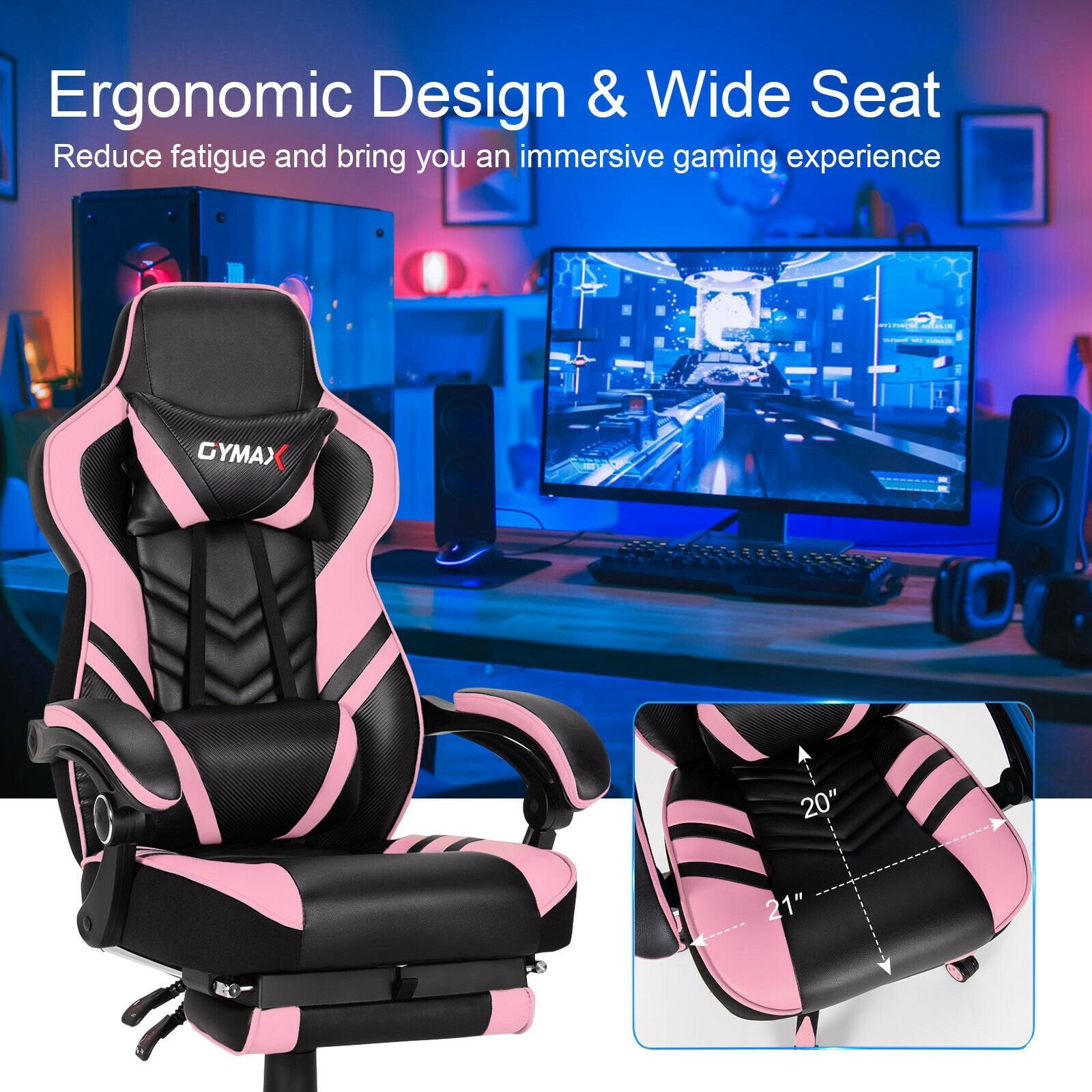 Adjustable Gaming Chair with Footrest for Home Office, Pink Gaming Chairs   at Gallery Canada