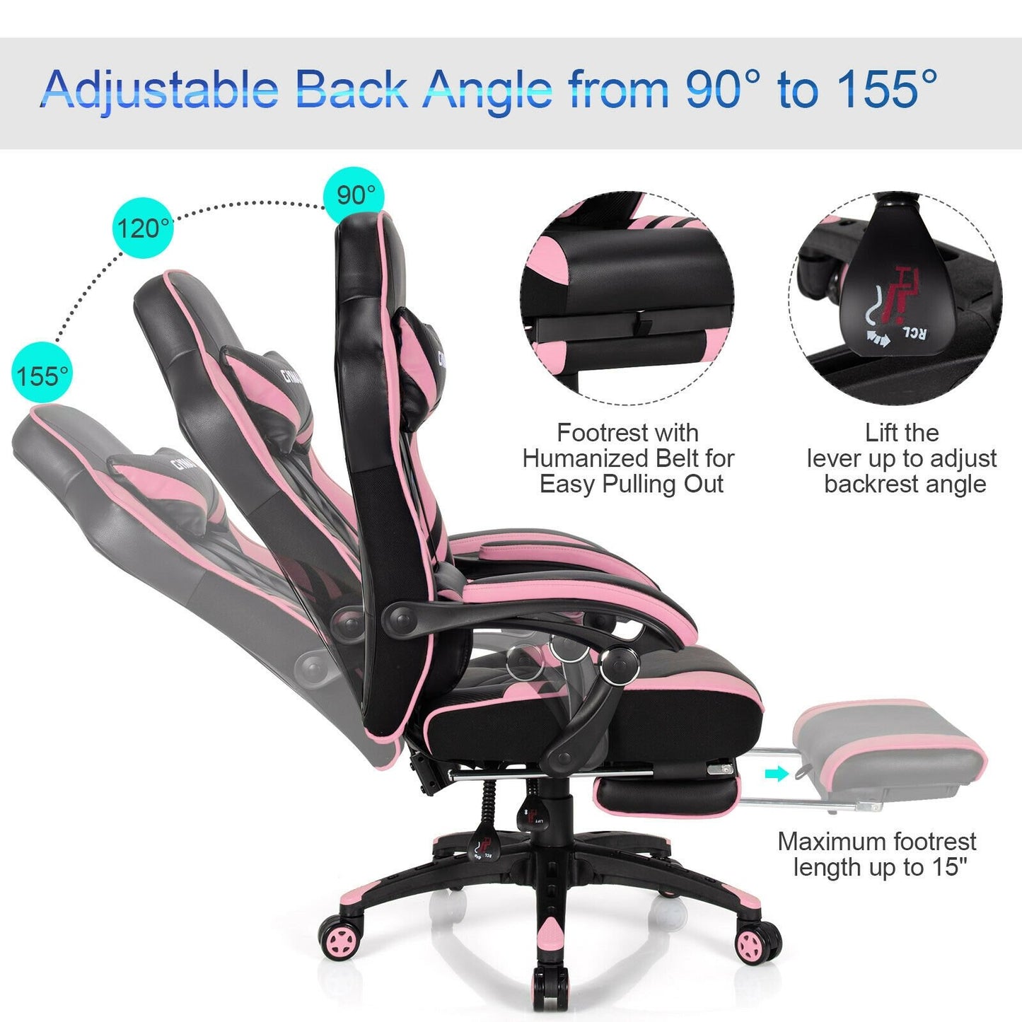 Adjustable Gaming Chair with Footrest for Home Office, Pink Gaming Chairs   at Gallery Canada