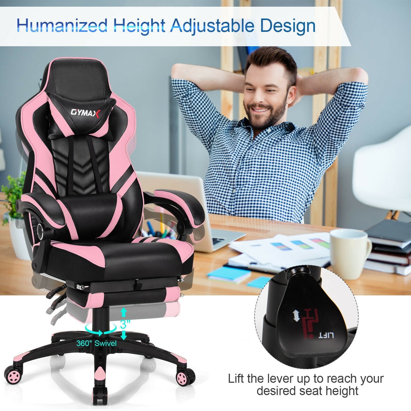 Adjustable Gaming Chair with Footrest for Home Office, Pink Gaming Chairs   at Gallery Canada