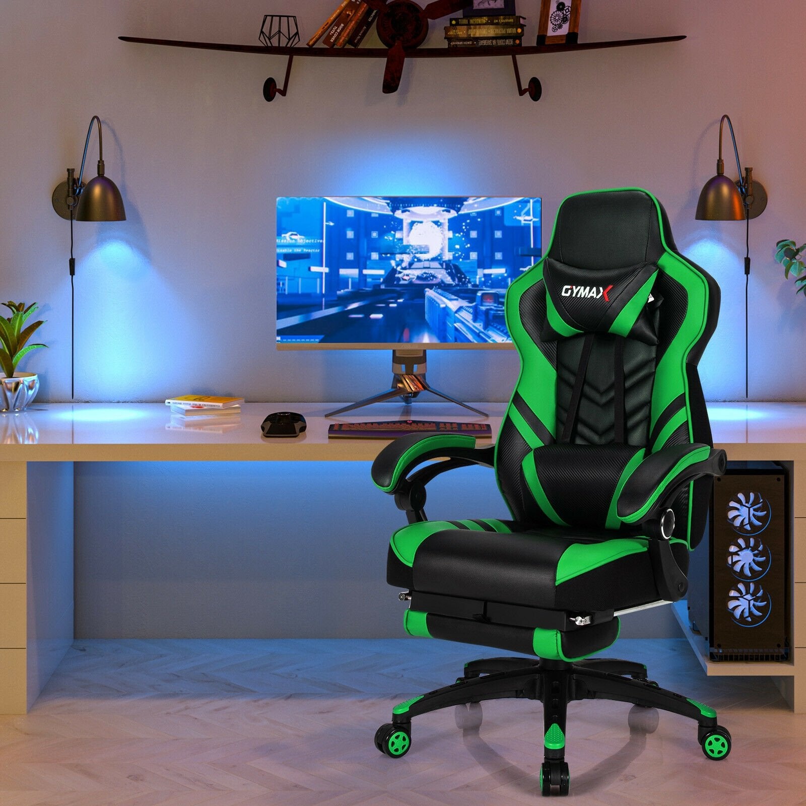 Adjustable Gaming Chair with Footrest for Home Office, Green Gaming Chairs   at Gallery Canada