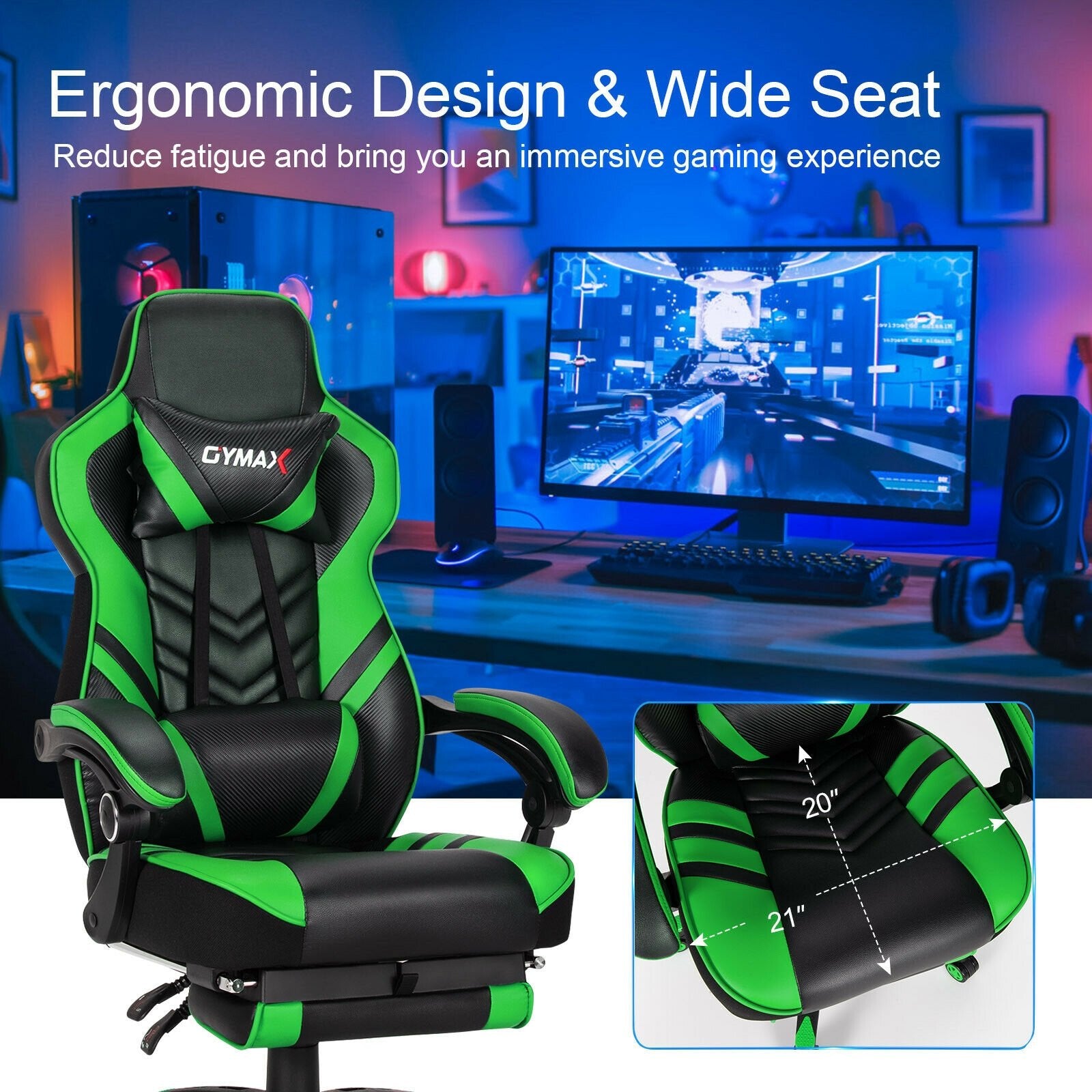 Adjustable Gaming Chair with Footrest for Home Office, Green Gaming Chairs   at Gallery Canada