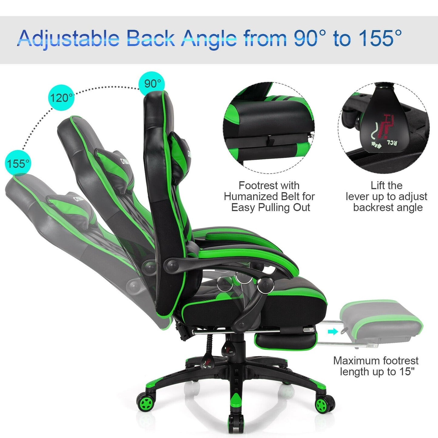 Adjustable Gaming Chair with Footrest for Home Office, Green - Gallery Canada