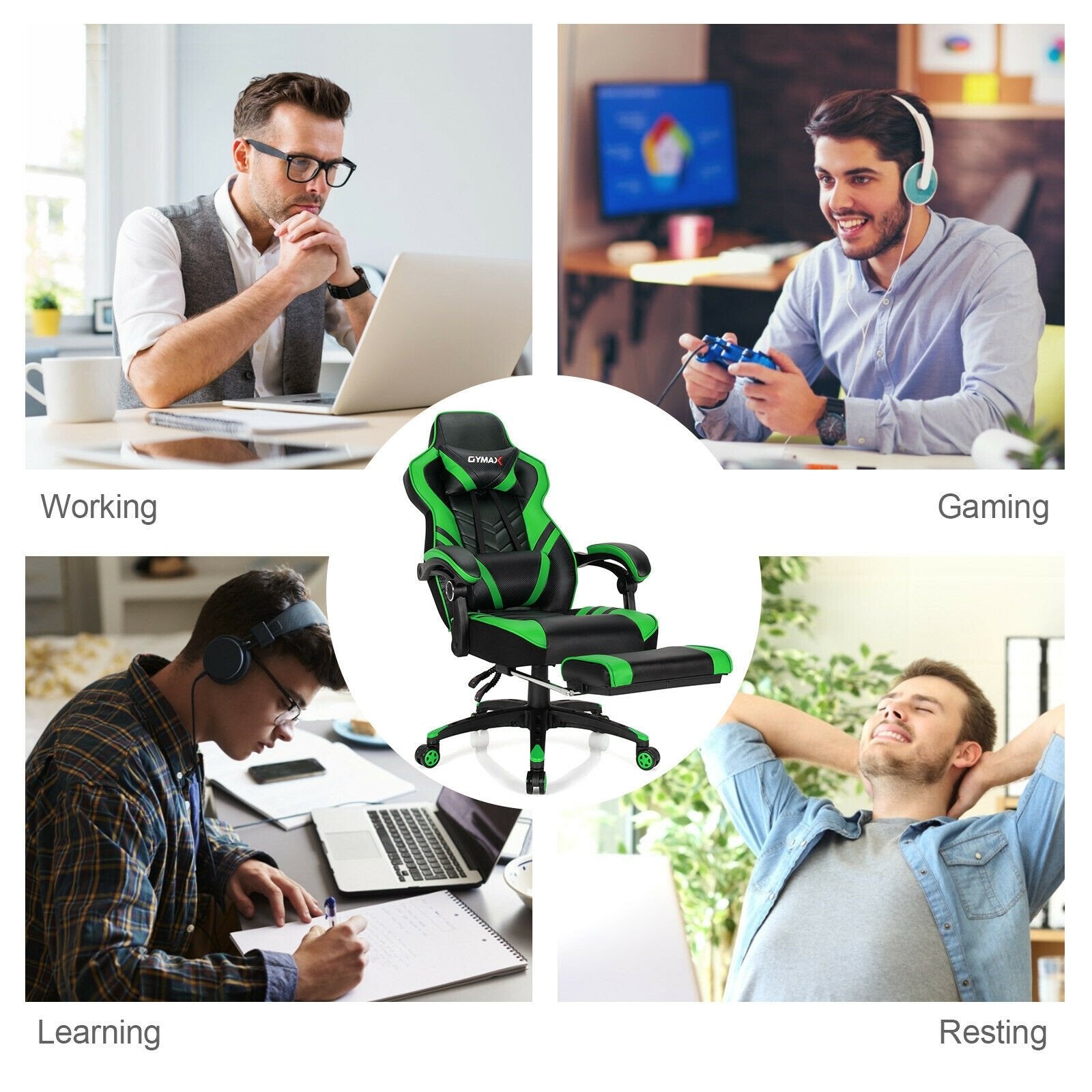 Adjustable Gaming Chair with Footrest for Home Office, Green - Gallery Canada