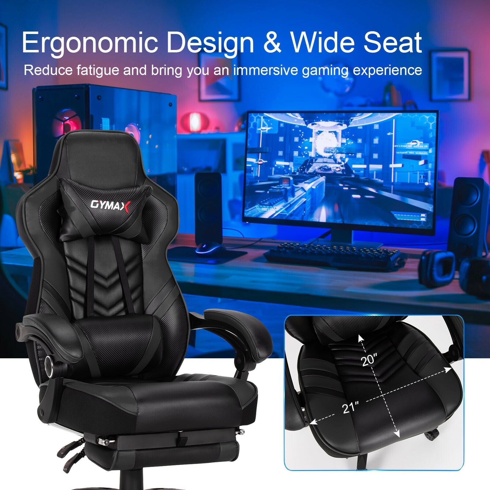 Adjustable Gaming Chair with Footrest for Home Office, Black Gaming Chairs at Gallery Canada