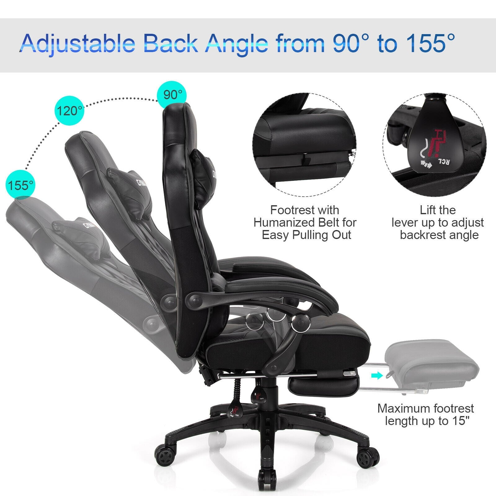 Adjustable Gaming Chair with Footrest for Home Office, Black Gaming Chairs at Gallery Canada