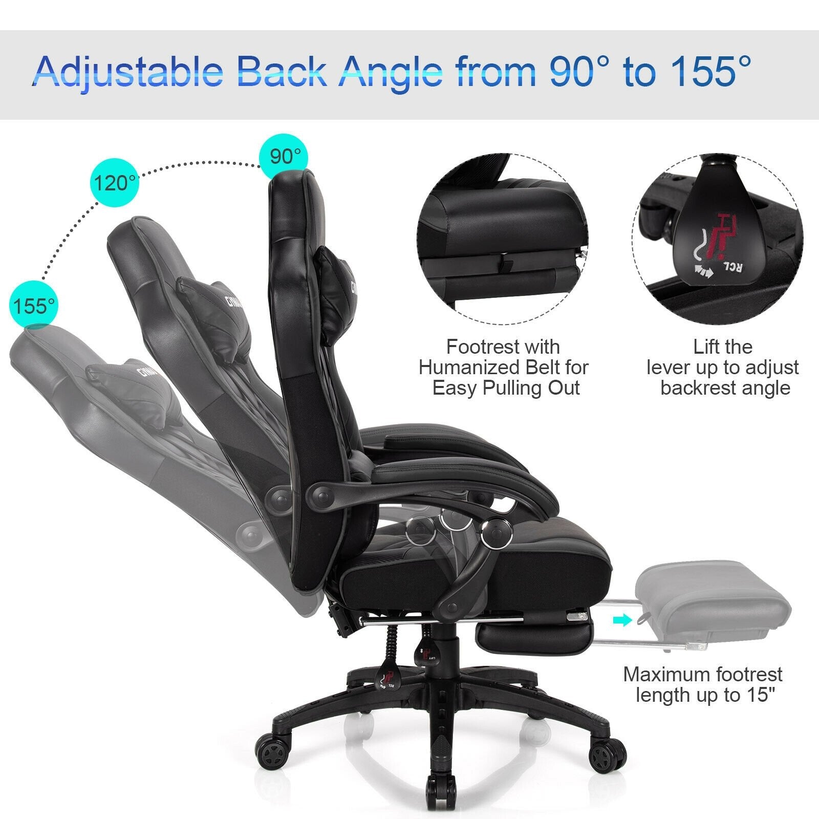 Adjustable Gaming Chair with Footrest for Home Office, Black Gaming Chairs   at Gallery Canada