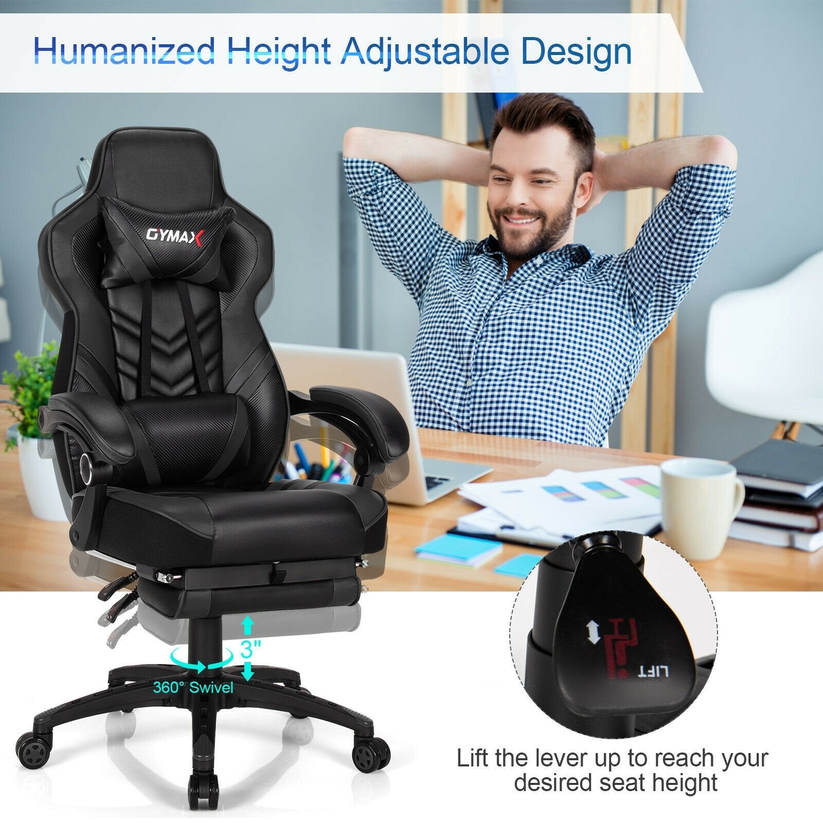 Adjustable Gaming Chair with Footrest for Home Office, Black Gaming Chairs   at Gallery Canada