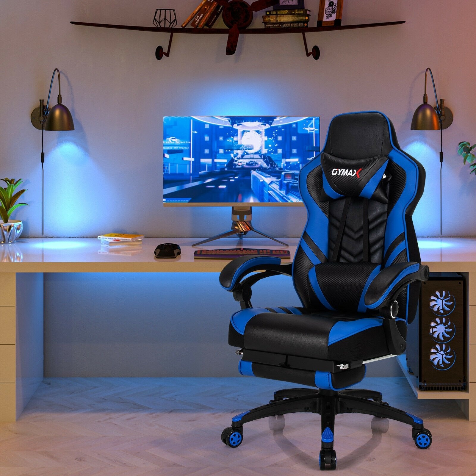 Adjustable Gaming Chair with Footrest for Home Office, Blue Gaming Chairs   at Gallery Canada