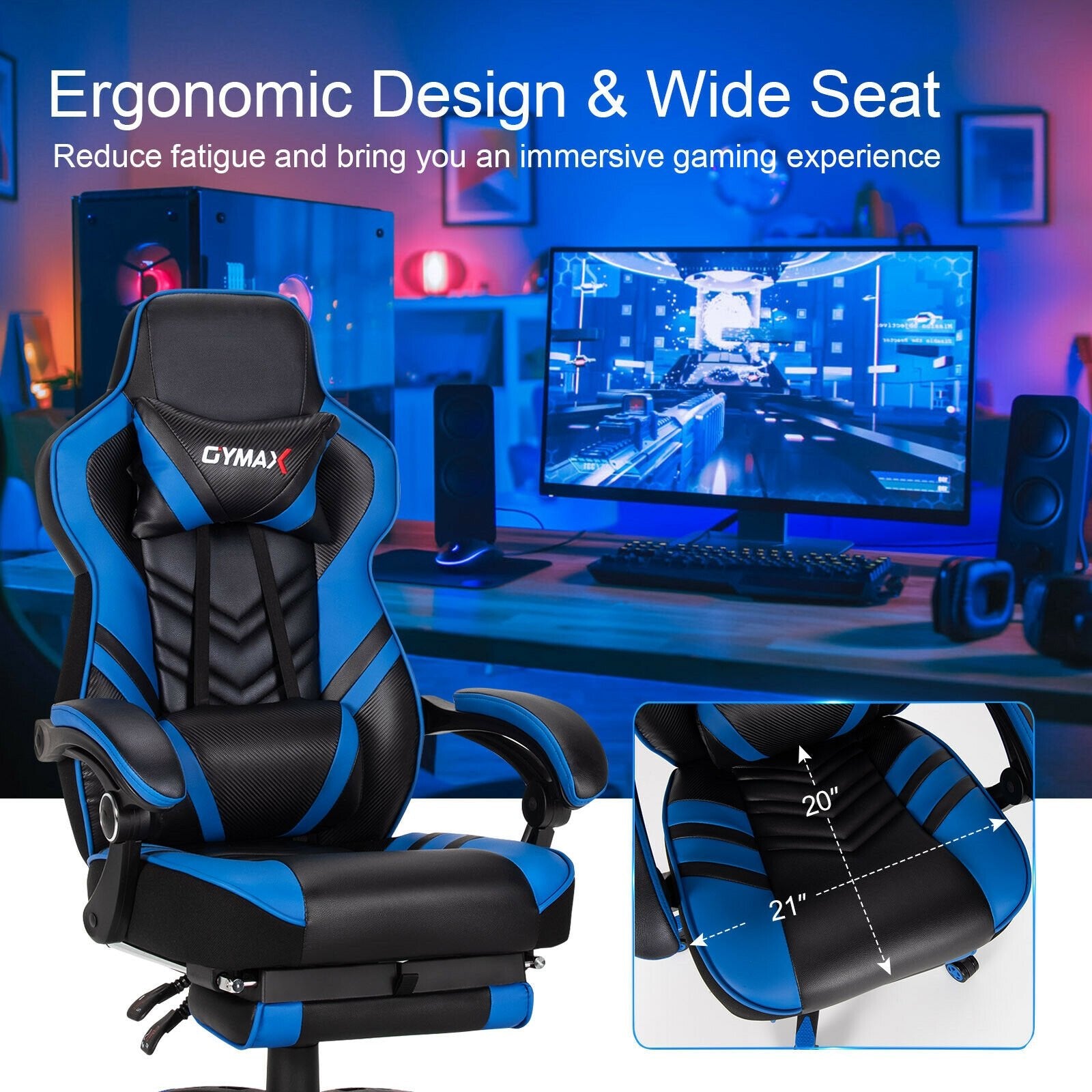 Adjustable Gaming Chair with Footrest for Home Office, Blue Gaming Chairs   at Gallery Canada